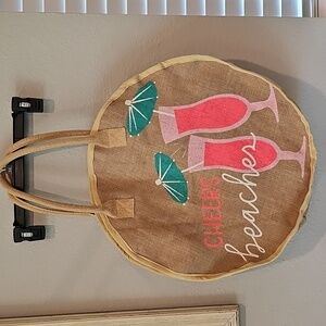 Mud Pie Cheers Beaches Burlap Tote Bag Beach Cocktails Round Jute